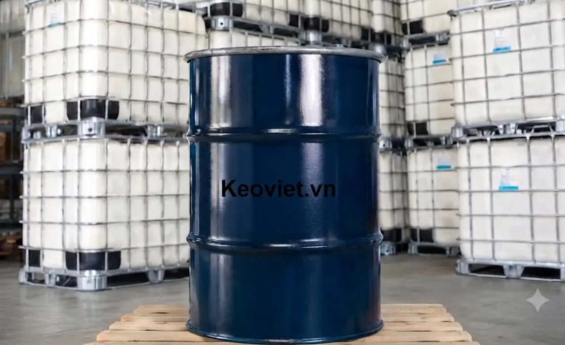 Thùng phuy keo bao bì Keo Việt đặt trước các bồn IBC trong kho hàng